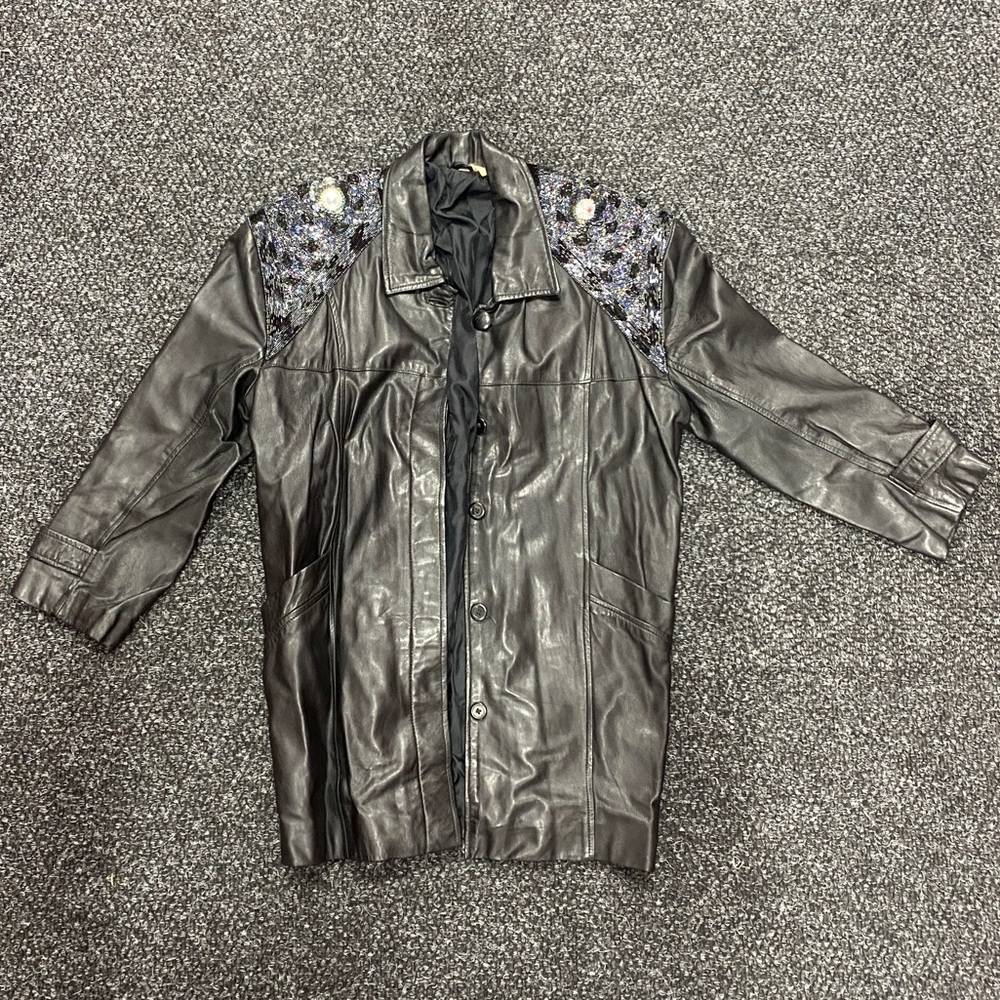 VINTAGE LEATHER FEEL COAT w/ BEADED SHOULDERS